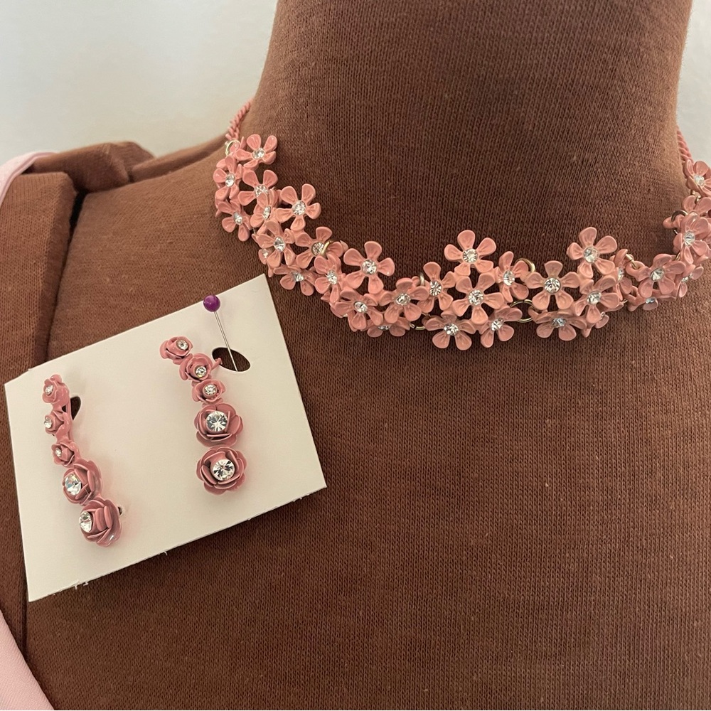Pink Floral rhinestone Necklace and Earrings Set
